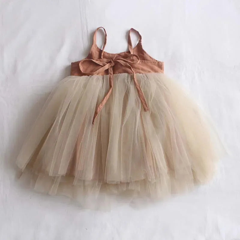 Children's lace-up princess dress in solid colour with organza fabric and cotton lining
