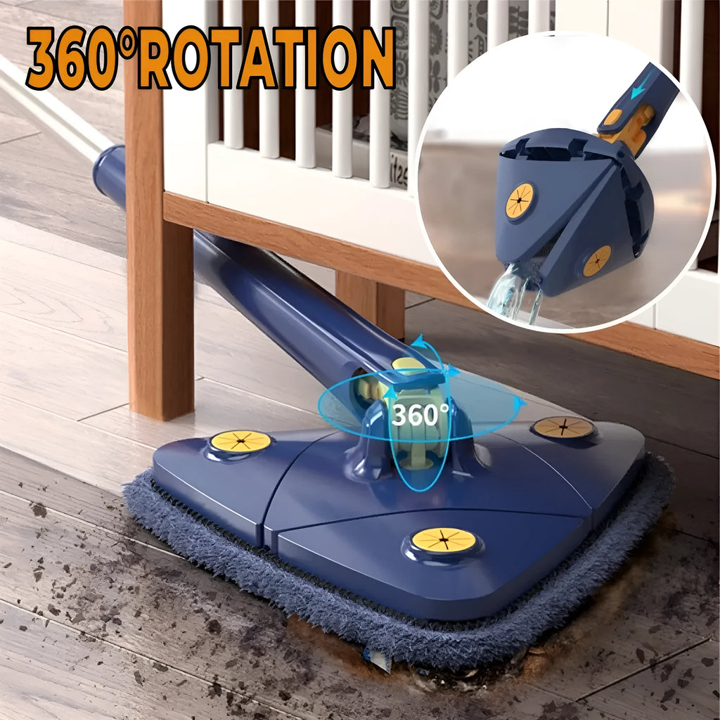Blue triangle cleaning mop with rotating head and extendable stainless steel pole on a tiled floor