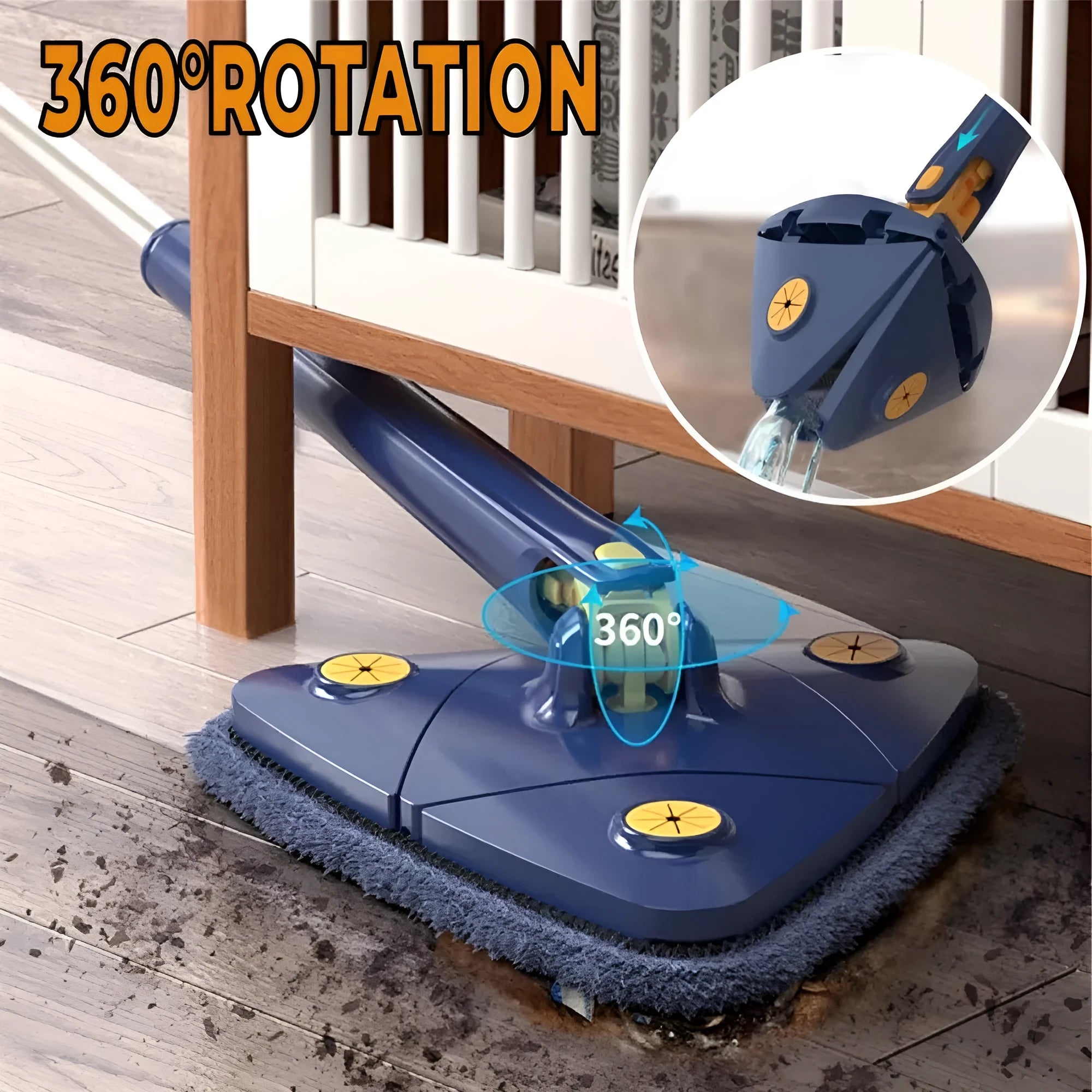 Blue triangle cleaning mop with rotating head and extendable stainless steel pole on a tiled floor