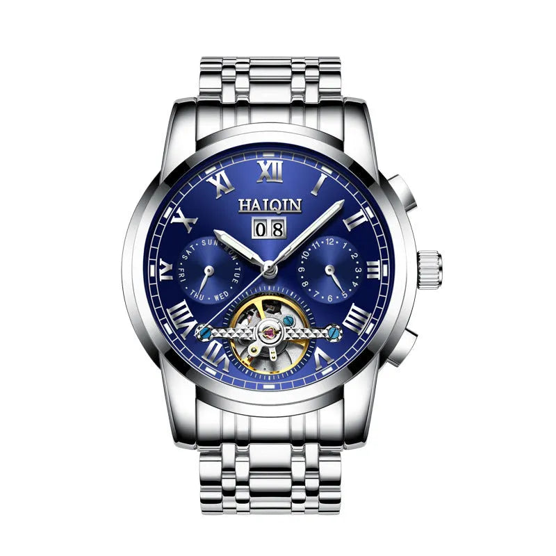Men's waterproof luminous hollow tourbillon automatic mechanical watch with stainless steel strap and 42mm case