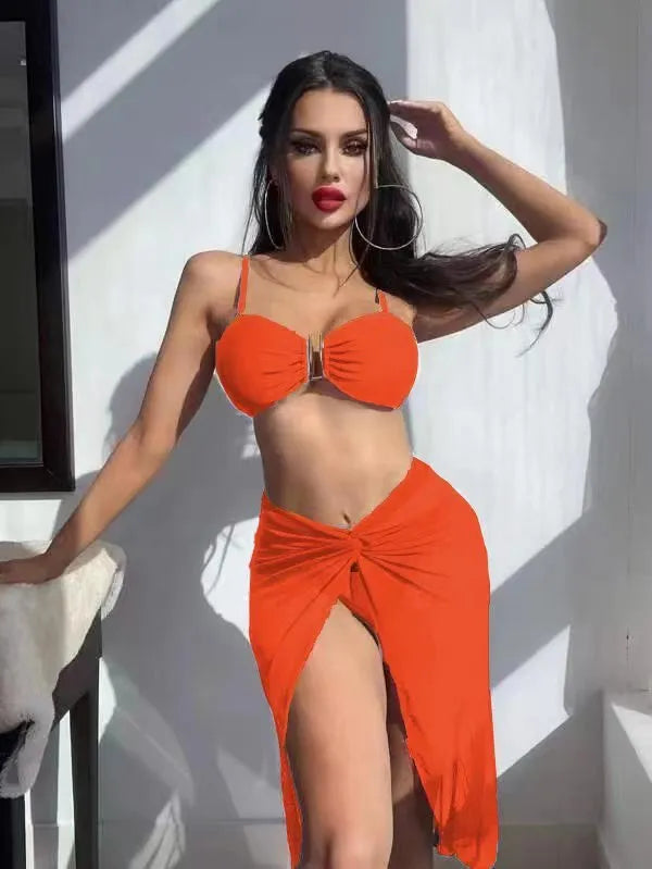 Women's three-piece bikini set with long culotte skirt in multiple solid colours
