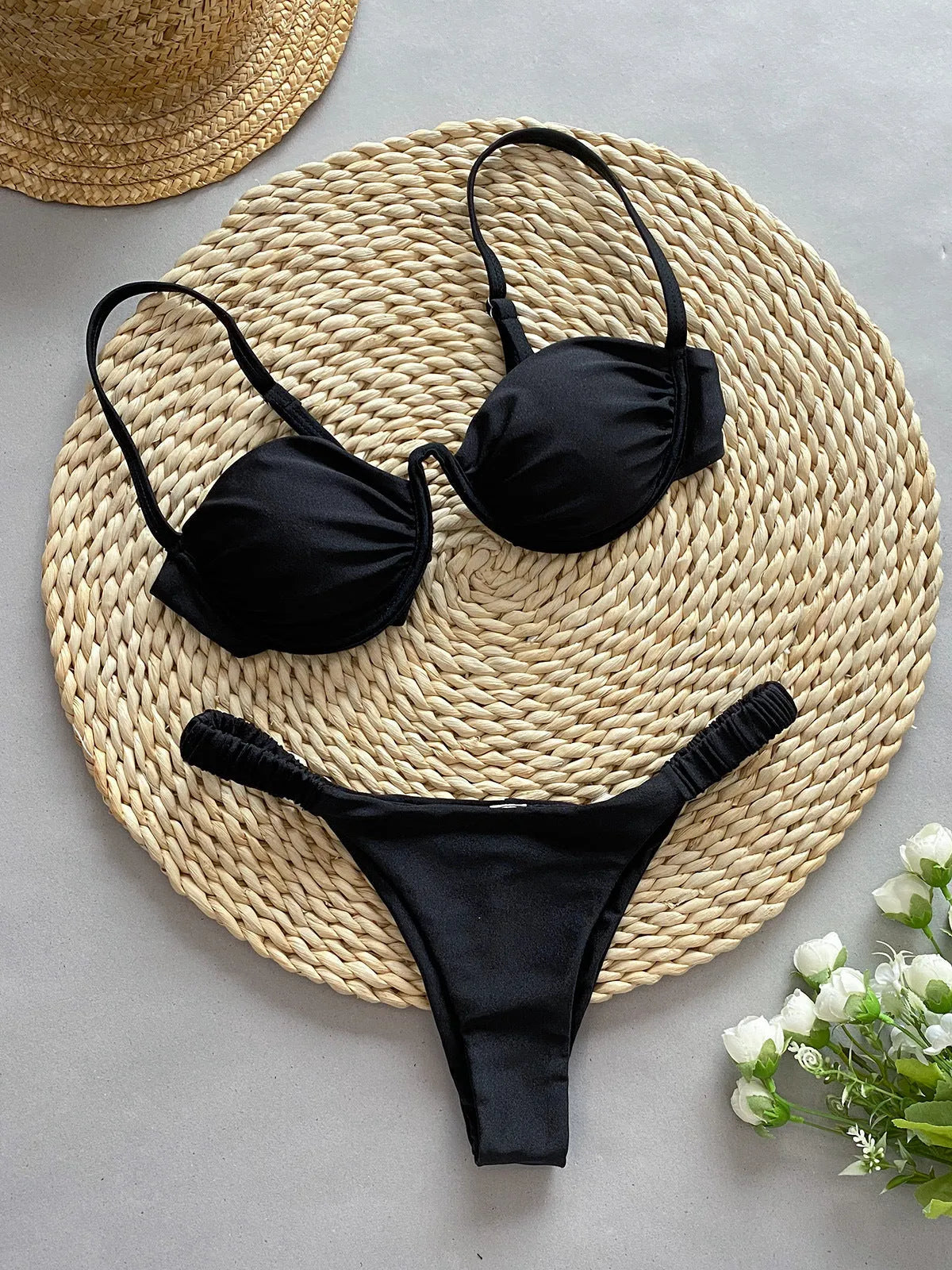 European style women's underwire bikini swimsuit in khaki colour with split briefs design