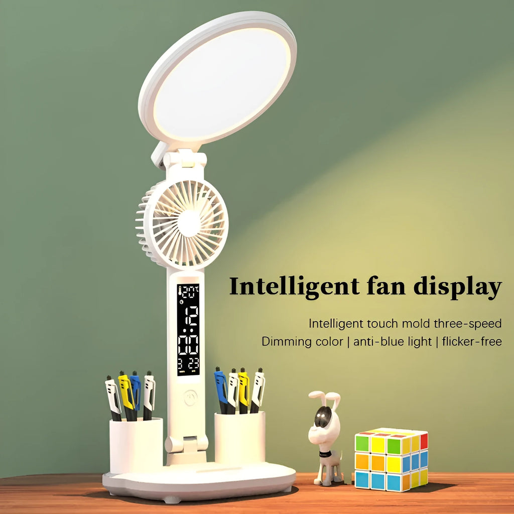 LED clock table lamp with USB rechargeable battery, fan attachment, and digital display on a desk