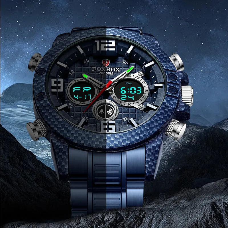 Dual display electronic watch with luminous dial, 44mm alloy case, black colour
