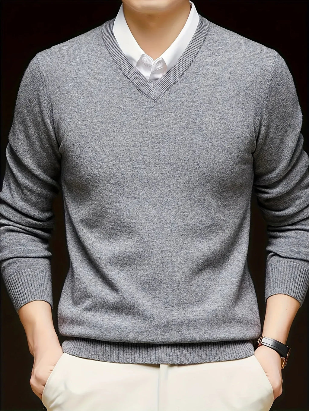 Men's casual thin V-neck woolen sweater in black, loose fit, available in multiple sizes and colours