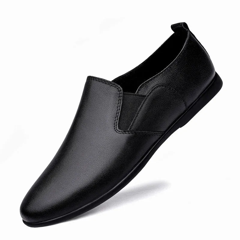 Men's black leather business casual shoes with round toe and breathable design