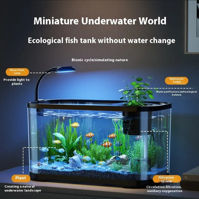 Luxury White desktop fish tank with integrated ecological landscape filter and oxygen system on a wooden table.