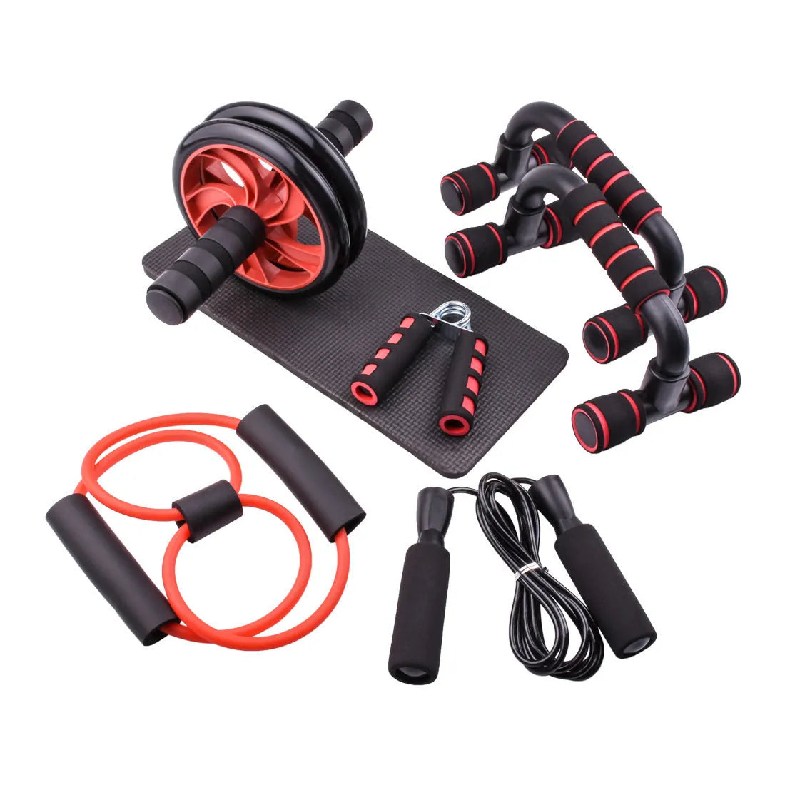 Plastic abdominal wheel set with kneeler mat bracket handle and skipping rope in glossy black