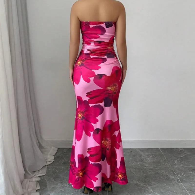 Pink flower printed slim fit long dress with high waist and sleeveless design