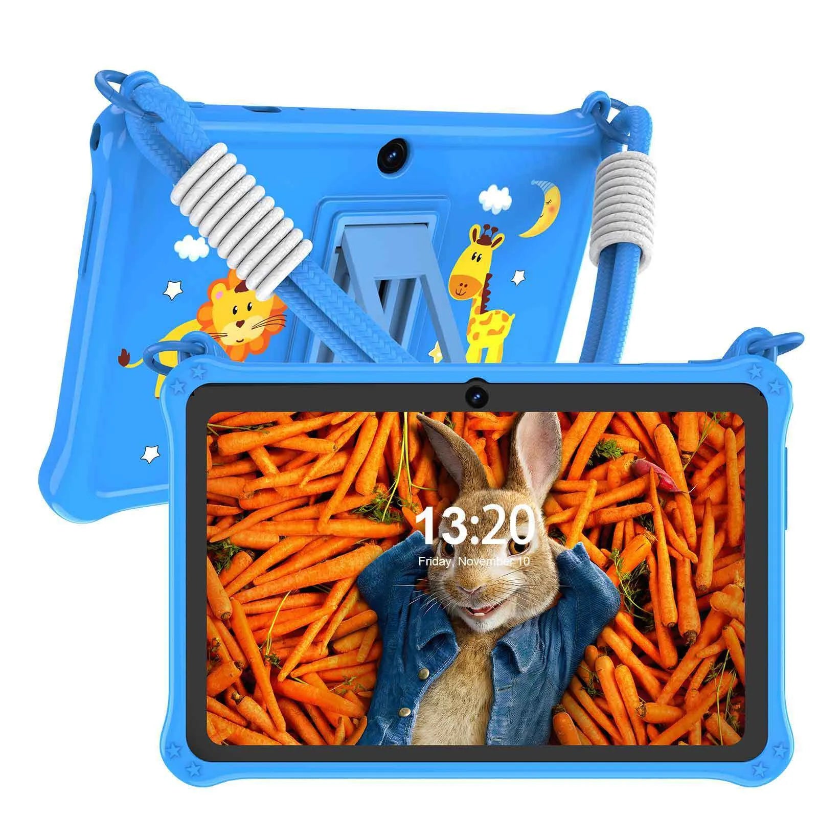 7-inch silicone protective case for children's tablets in sapphire blue and dark pink colours with flat strap