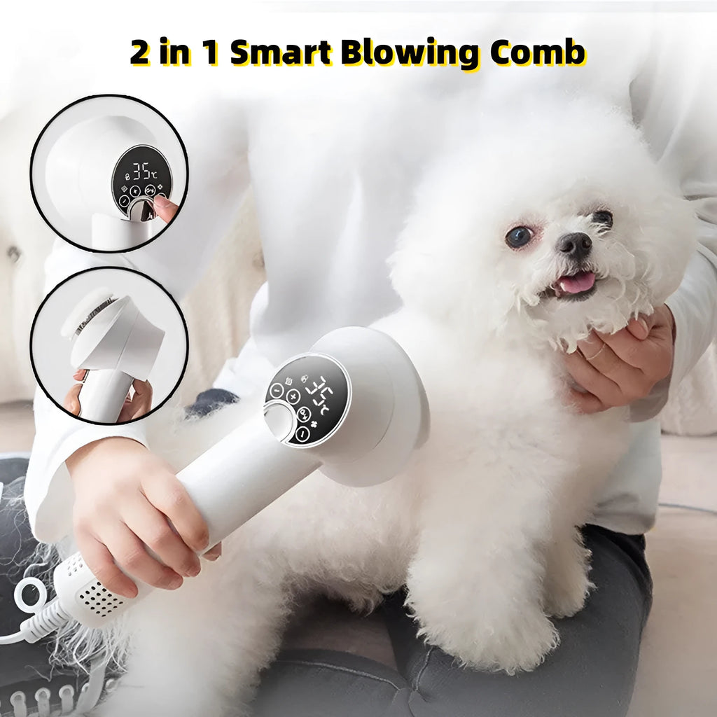 Smart pet hair dryer in white with blow and comb function for dog cat grooming