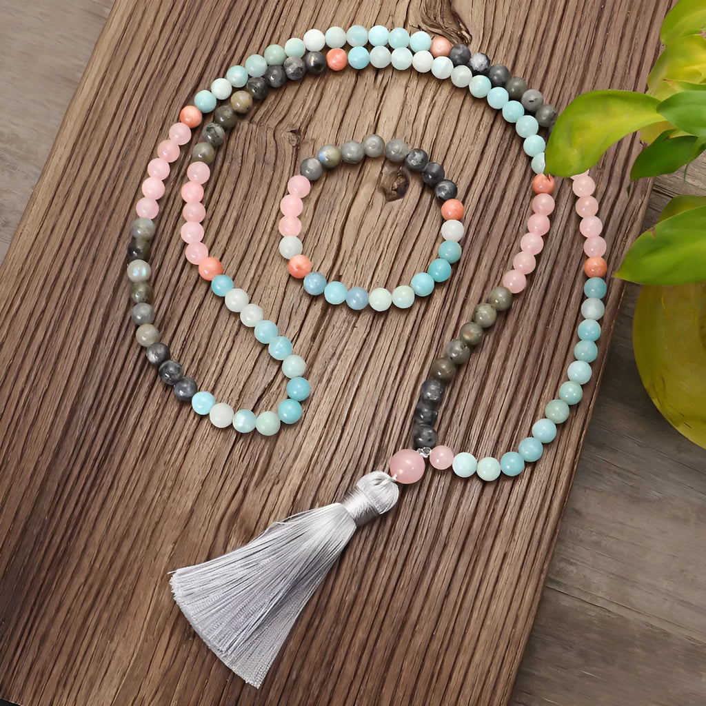 Bohemian style stone necklace and bracelet set with tassel pendant and 81cm circumference