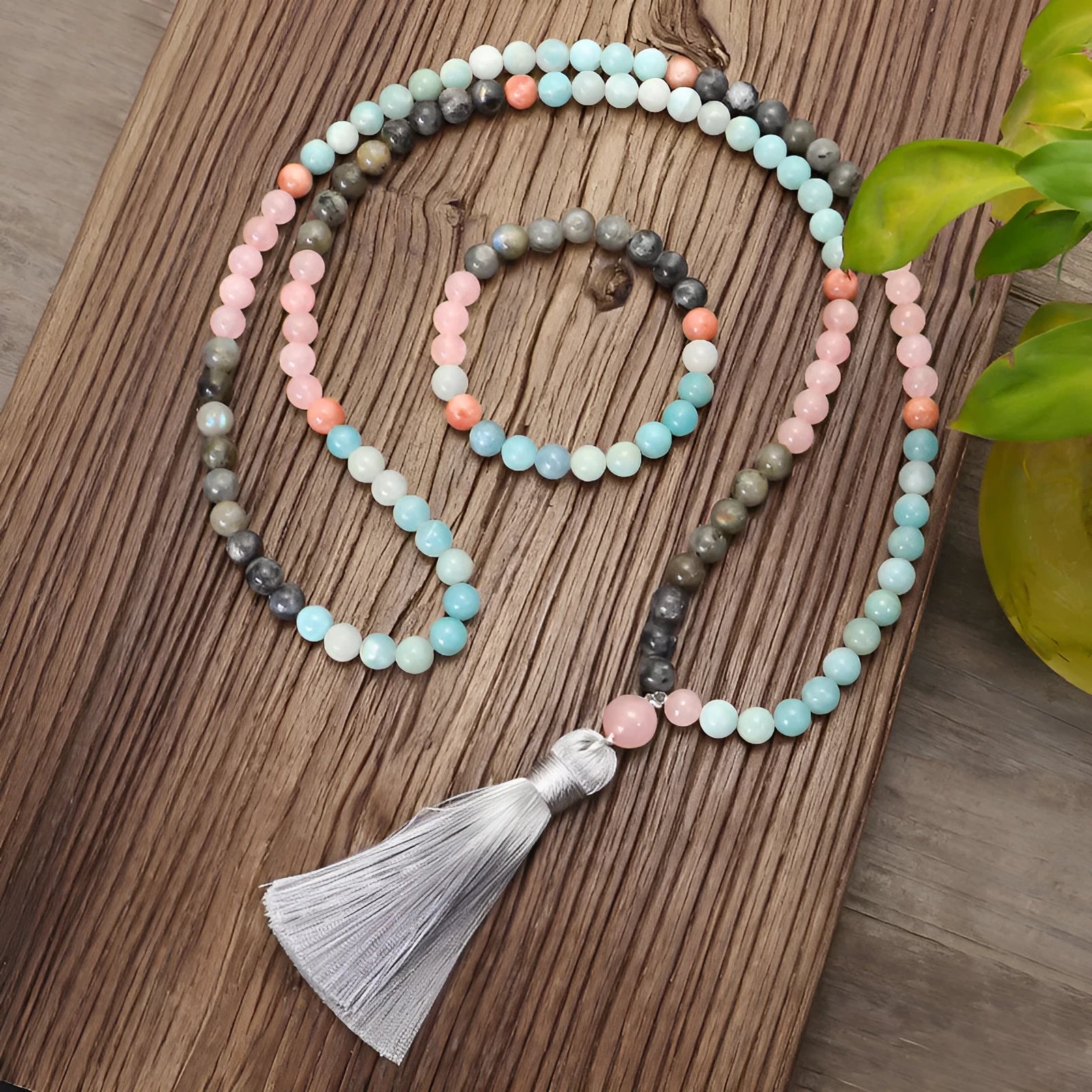 Bohemian style stone necklace and bracelet set with tassel pendant and 81cm circumference