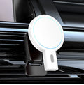 Magnetic wireless charger stand in white colour with compact dimensions 85.2 x 58.4 x 29.5 mm