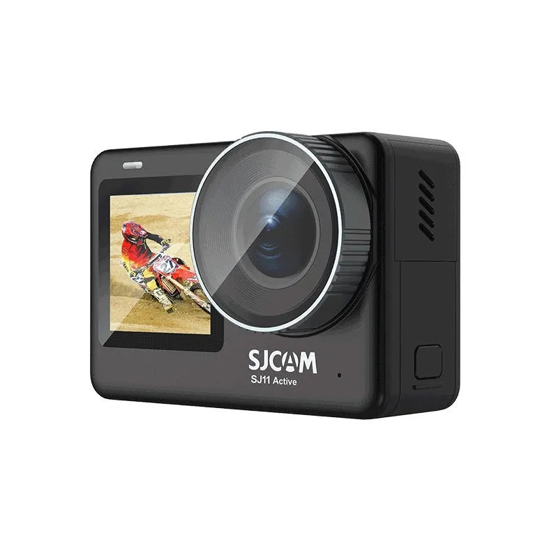 Black HD dual screen recorder measuring 64.5 x 45 x 31.5mm for riding and diving use