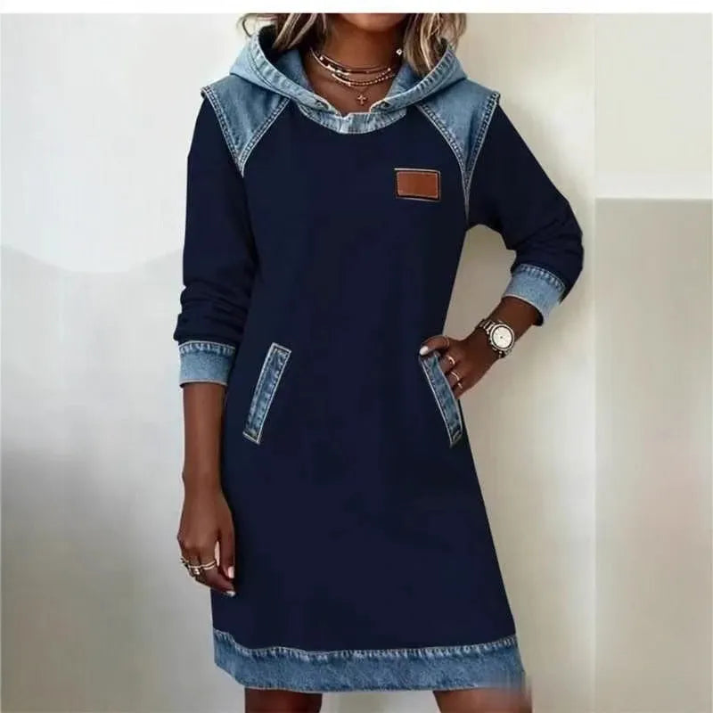 Denim colour matching ladies hoodie skirt with contrast stitching and raglan sleeves in white colour option