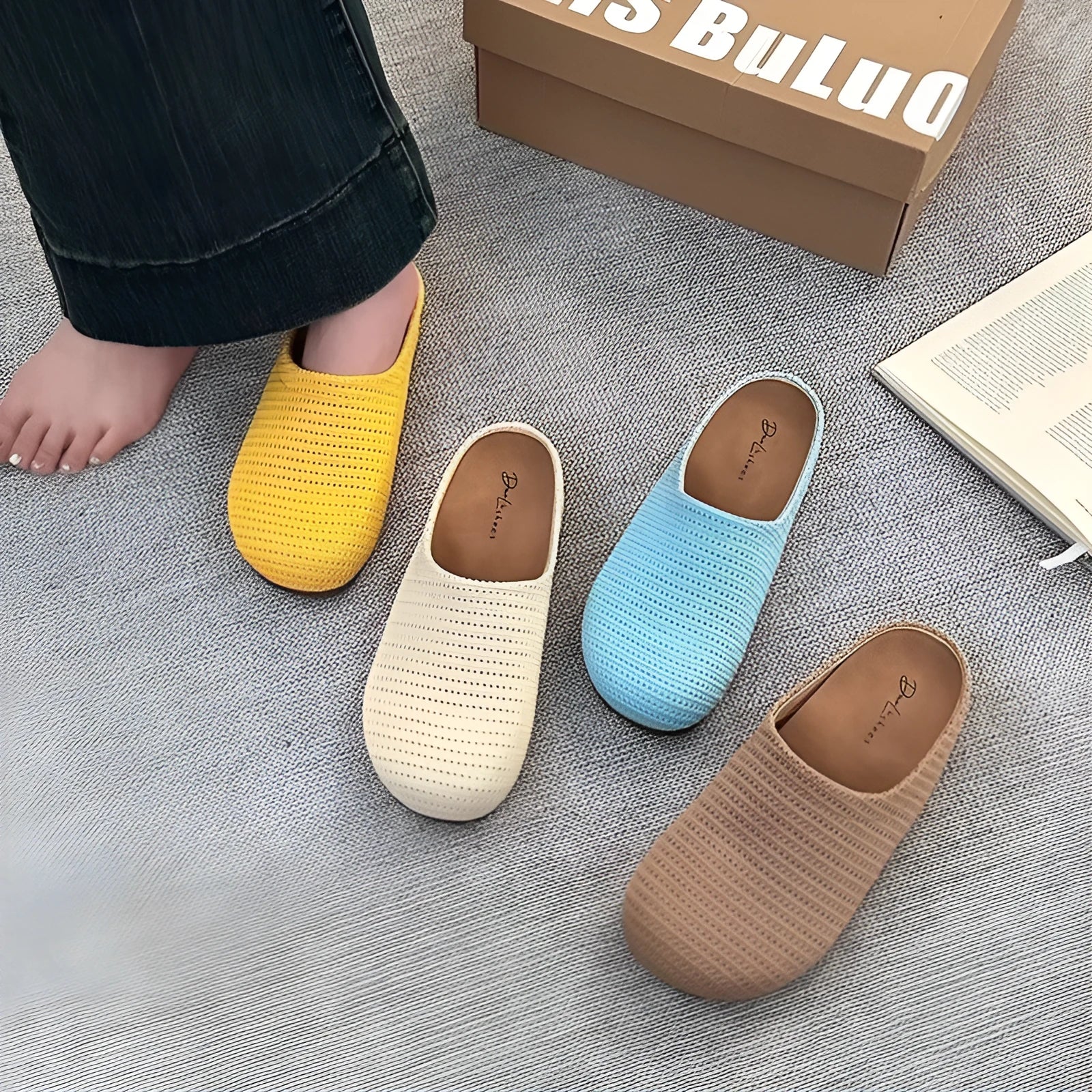 Women's non-slip baotou boken slippers in cloth with rubber sole, showing colour options and round toe design
