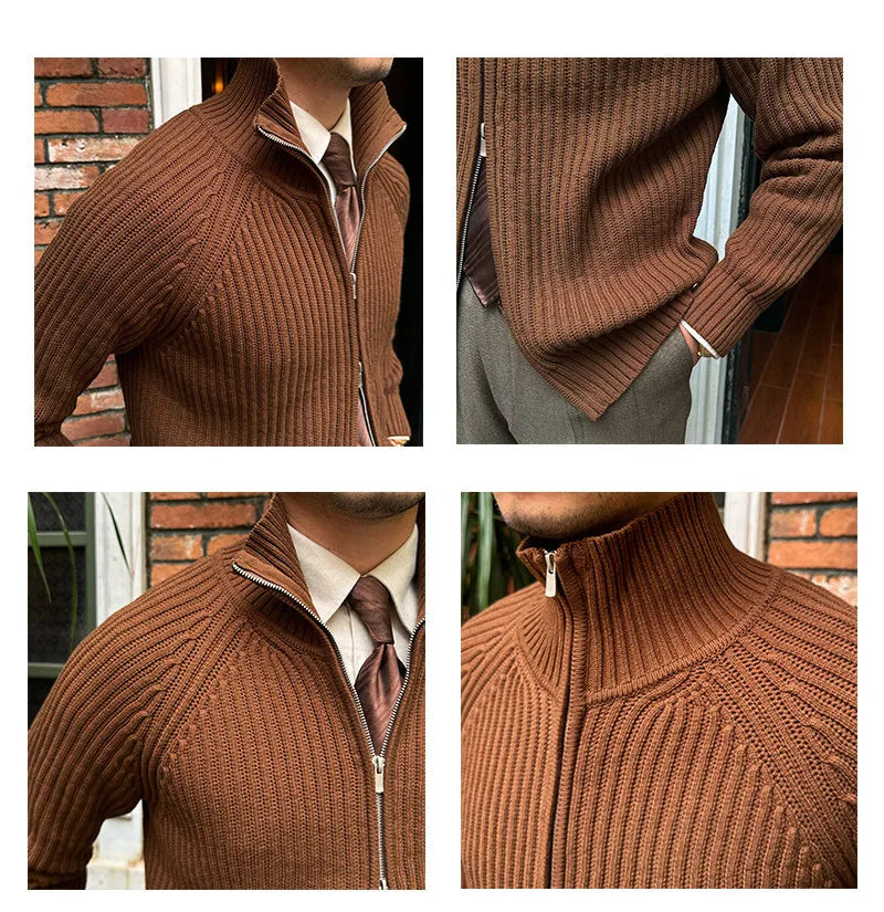 Men's Stand-up Collar Cardigan Retro Slim Fit Cotton Blend Jacket with Rotator Cuff Sleeves in Black Brown Grey Khaki Sizes M to 3XL for Casual Layering and Everyday Wear