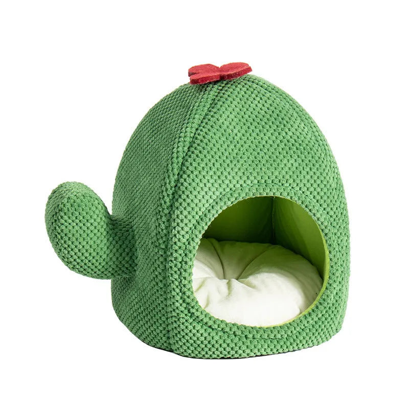 Dark green cactus-themed enclosed pet bed with removable cushion for cats and small dogs