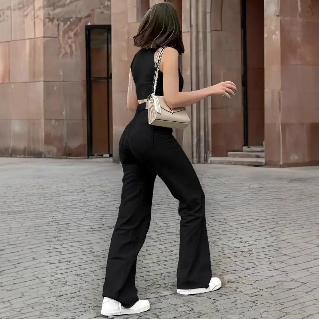 Black straight stretch casual trousers in cotton denim with high waist and straight leg