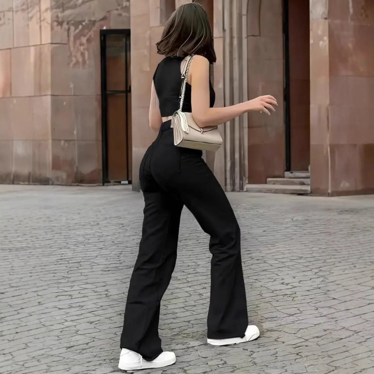 Black straight stretch casual trousers in cotton denim with high waist and straight leg