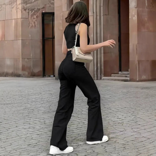 Black straight stretch casual trousers in cotton denim with high waist and straight leg