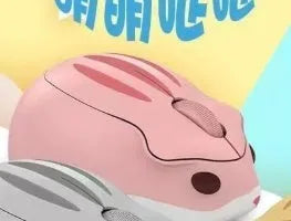 Hamster Wireless Bluetooth Mute Mouse in yellow, pink, or grey on a laptop.