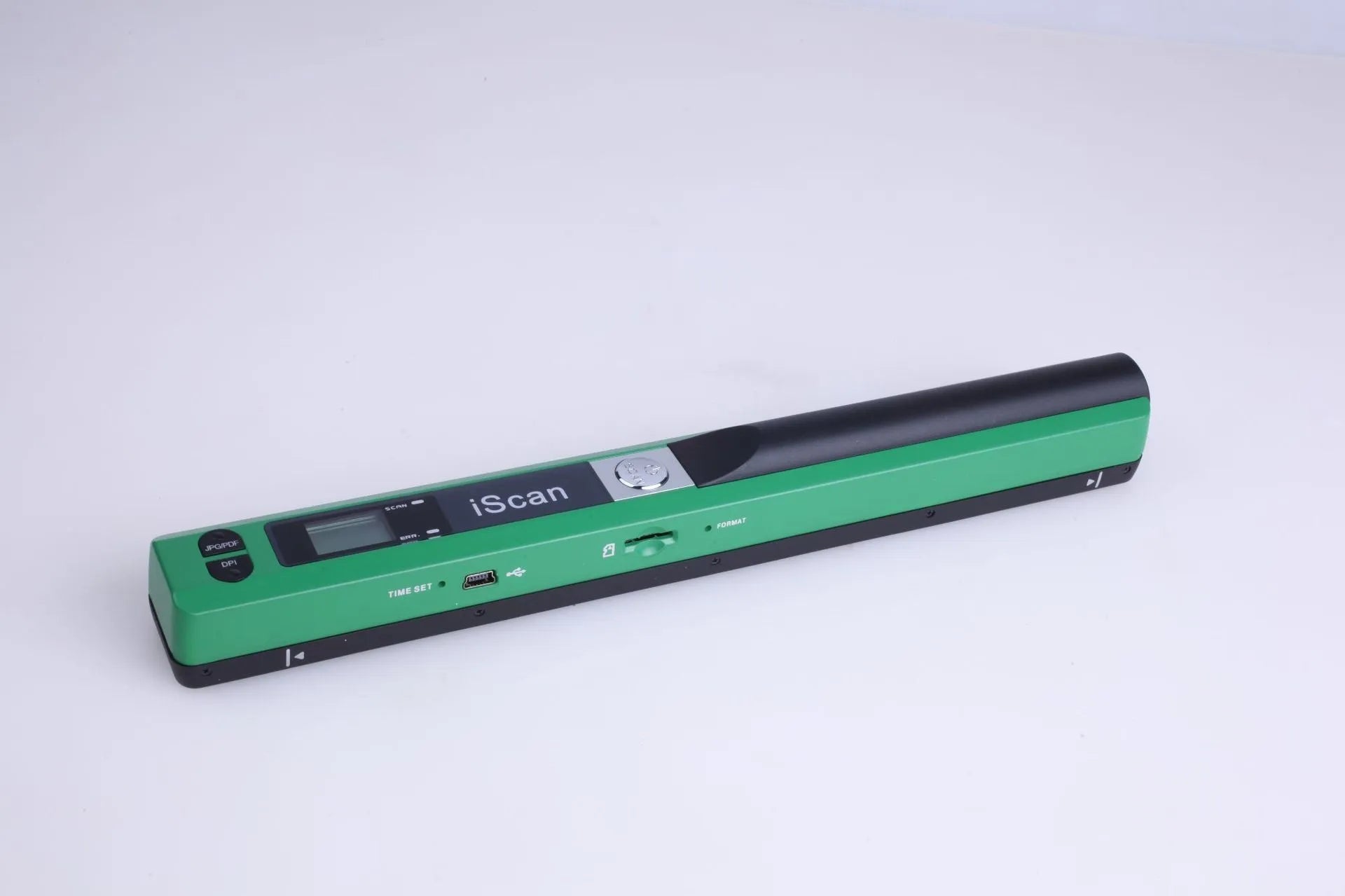 A handheld plastic scanner shown in five colour options: black, blue, green, red, and silver.
