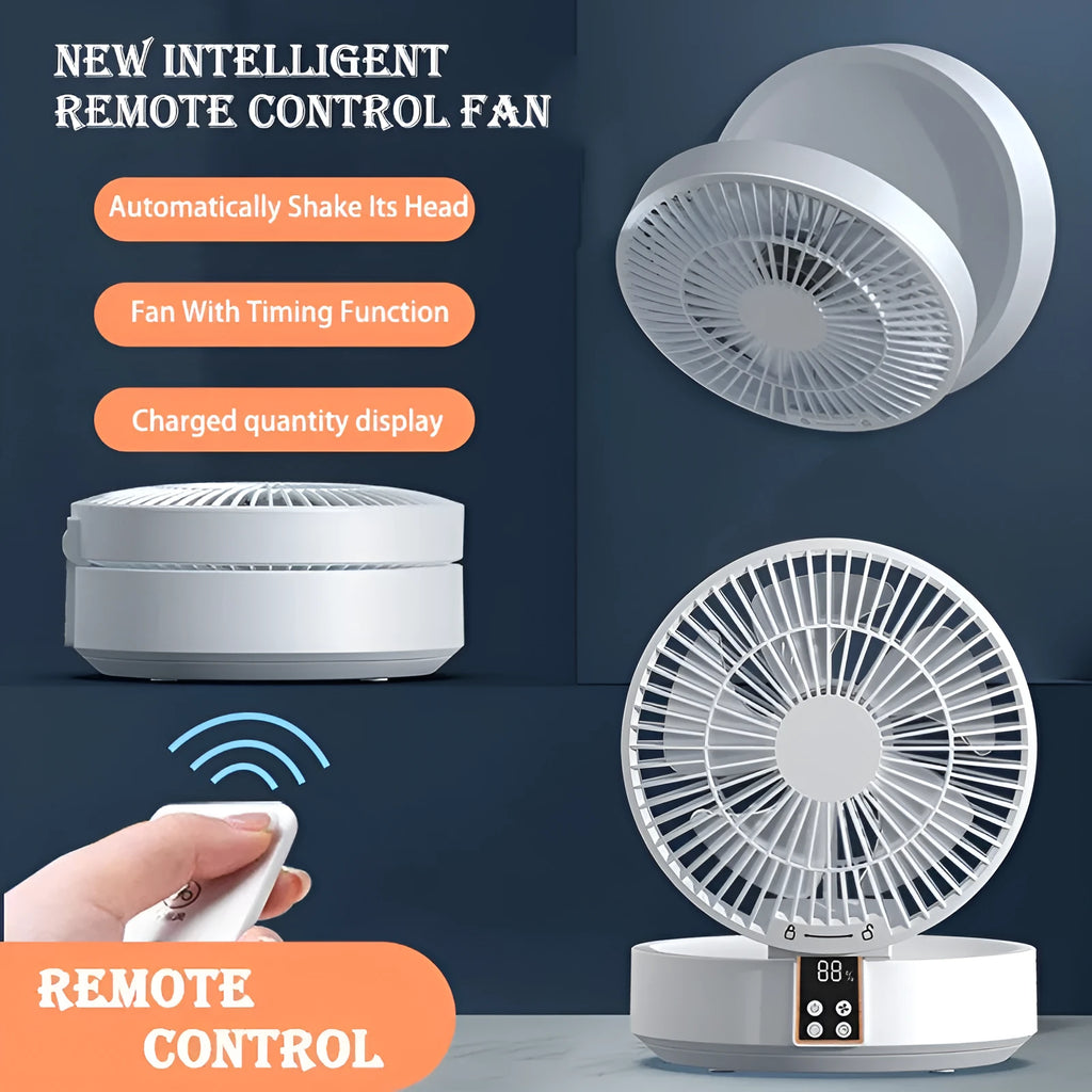 White portable folding fan with remote control on desk showing night light and adjustable angle