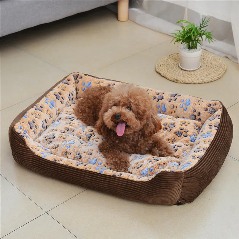 Beige plush pet bed with raised sides in kennel design for small dogs and cats