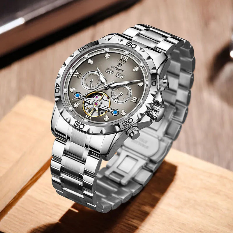 Men's automatic mechanical watch with stainless steel strap and metal case, mineral glass mirror, business style, silver face