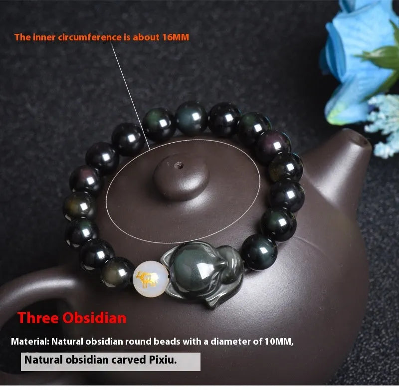 10mm obsidian bracelet with zodiac guardian charm in three style variations