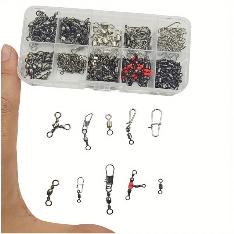Boxed set of 175 ball bearing metal fishing connectors in a divided storage box
