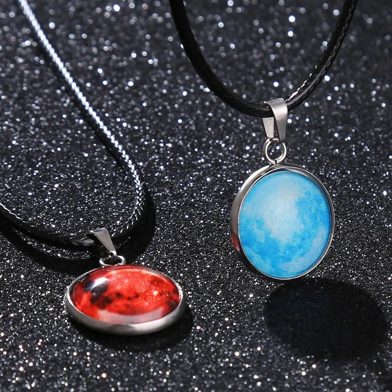 Moon night sky constellation glass pendant on a luminous alloy necklace chain with extension.