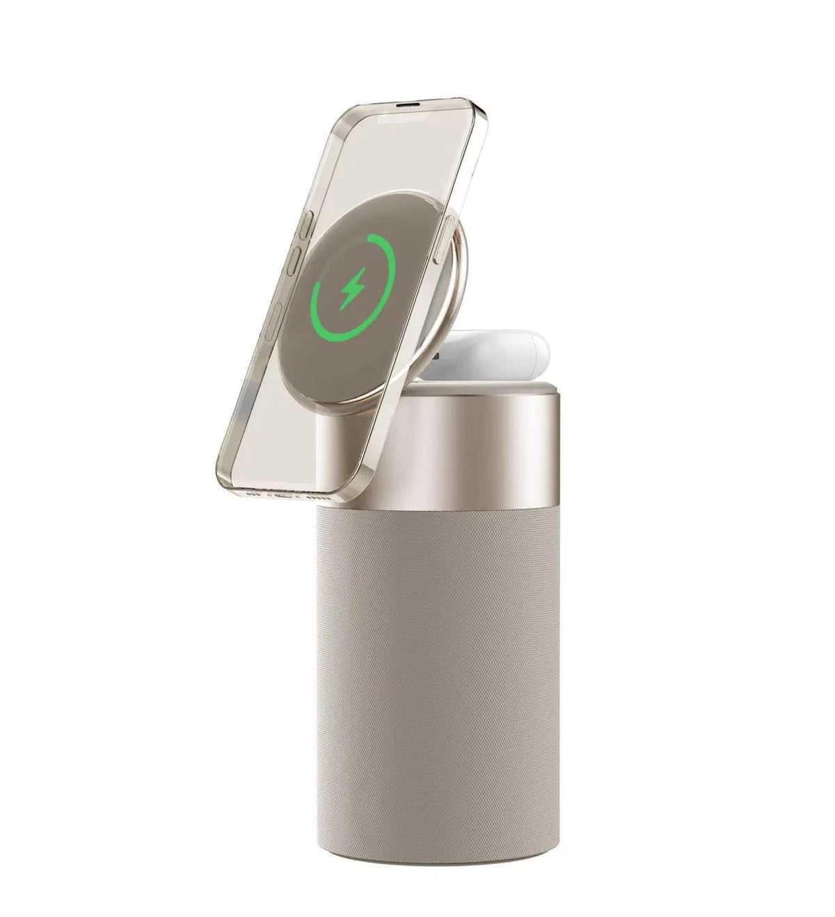 3-in-1 multi-function wireless charger Bluetooth speaker with touch lamp and phone holder for iPhone and AirPods in Gold
