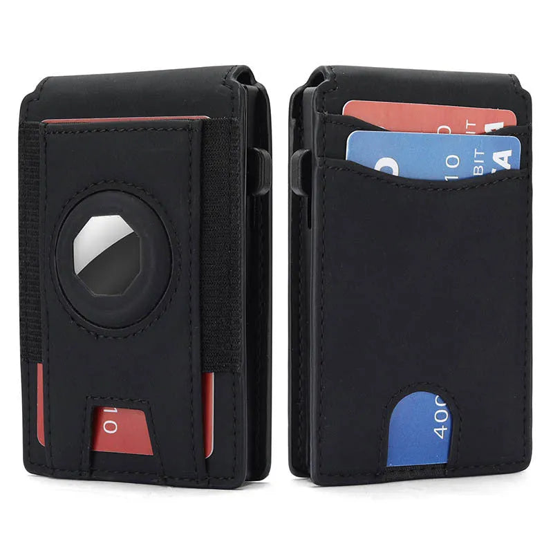 Men's synthetic leather card holder with RFID blocking in black, dark brown, and light brown colours showing card slots and front pocket