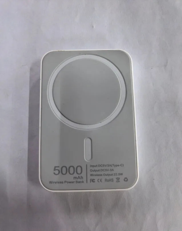 White portable power bank with magnetic wireless charging and 5000mAh capacity