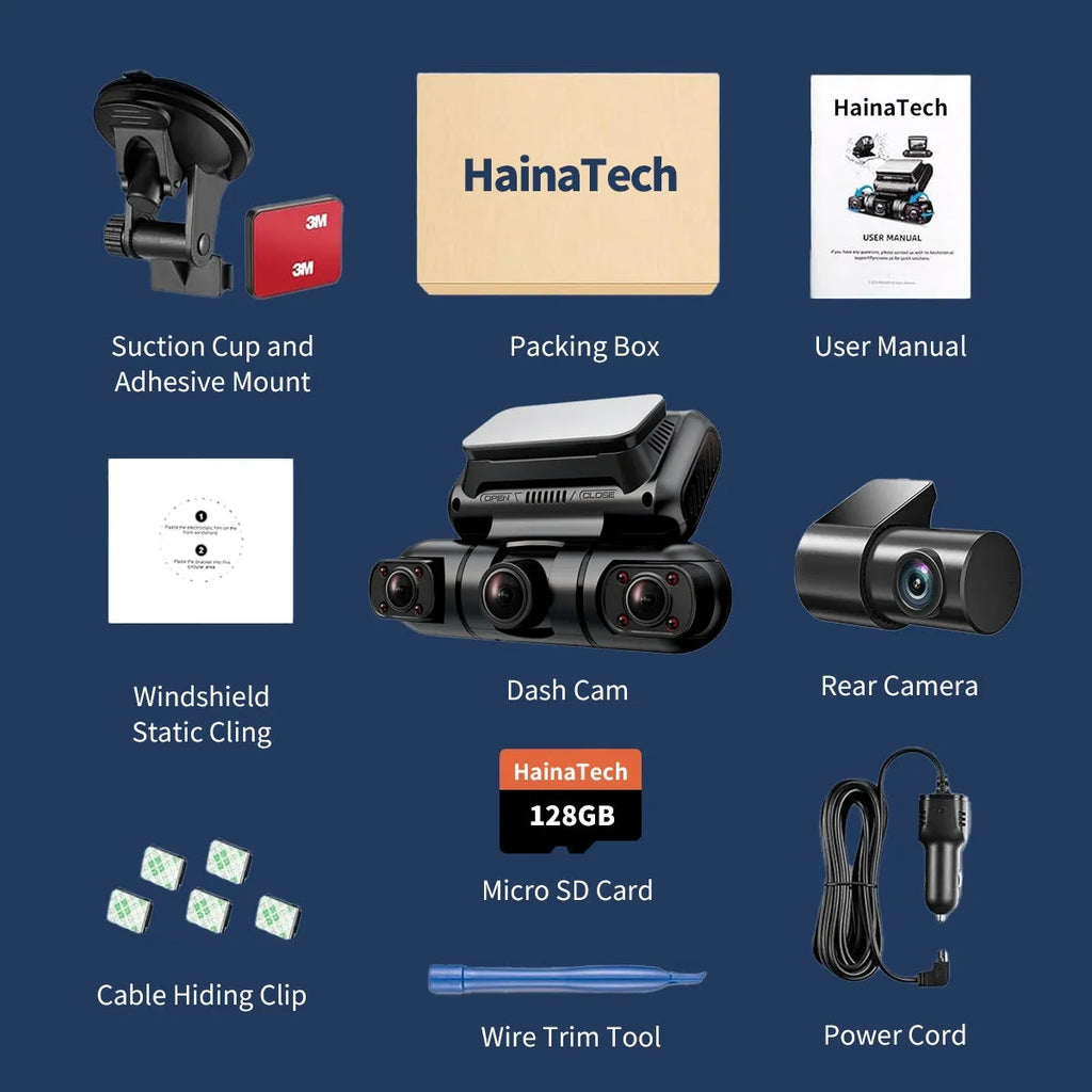 Hainatech 4 channel dash camera with 360 degree view, GPS, WiFi, night vision, and 128G memory card in black