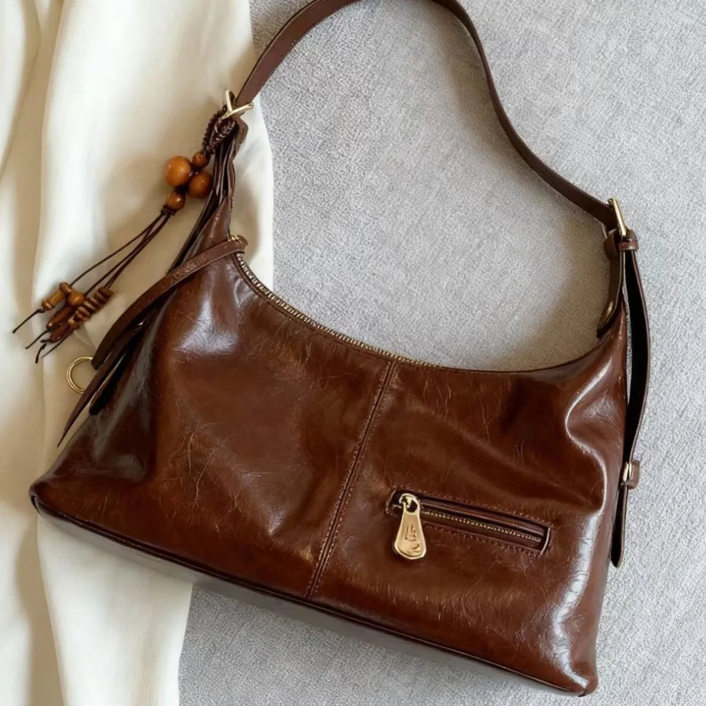 Women's large capacity PU tote bag in beige, horizontal square shape with single shoulder strap