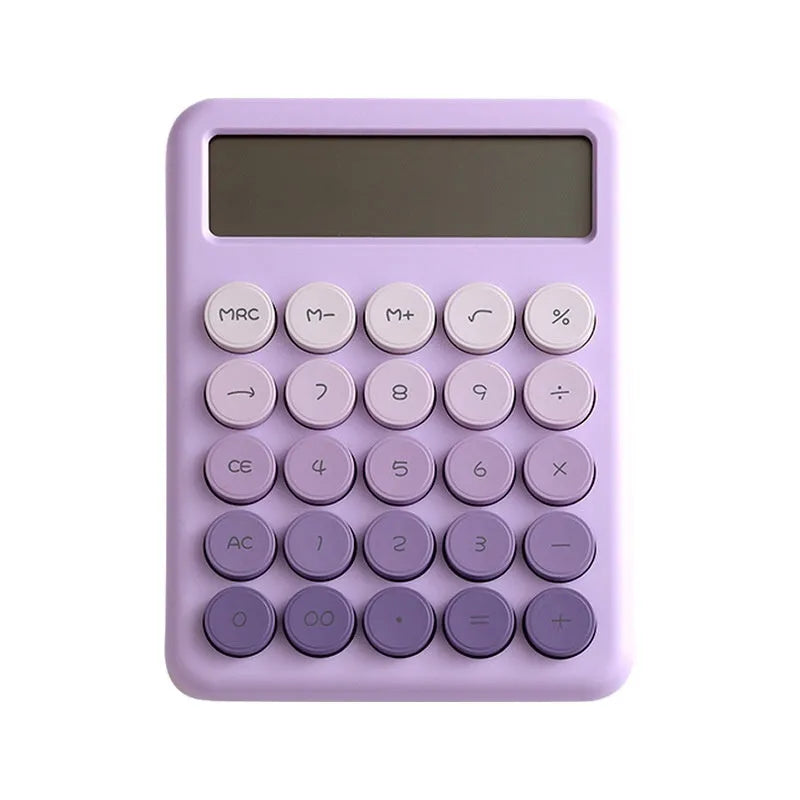 Desk calculator in a choice of violet, cherry blossom powder, glacier blue, and mint green gradient colours.