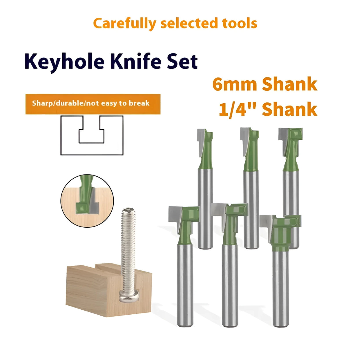 6-piece green double blade T-slot milling cutter set with hard alloy blades and handles for carpentry