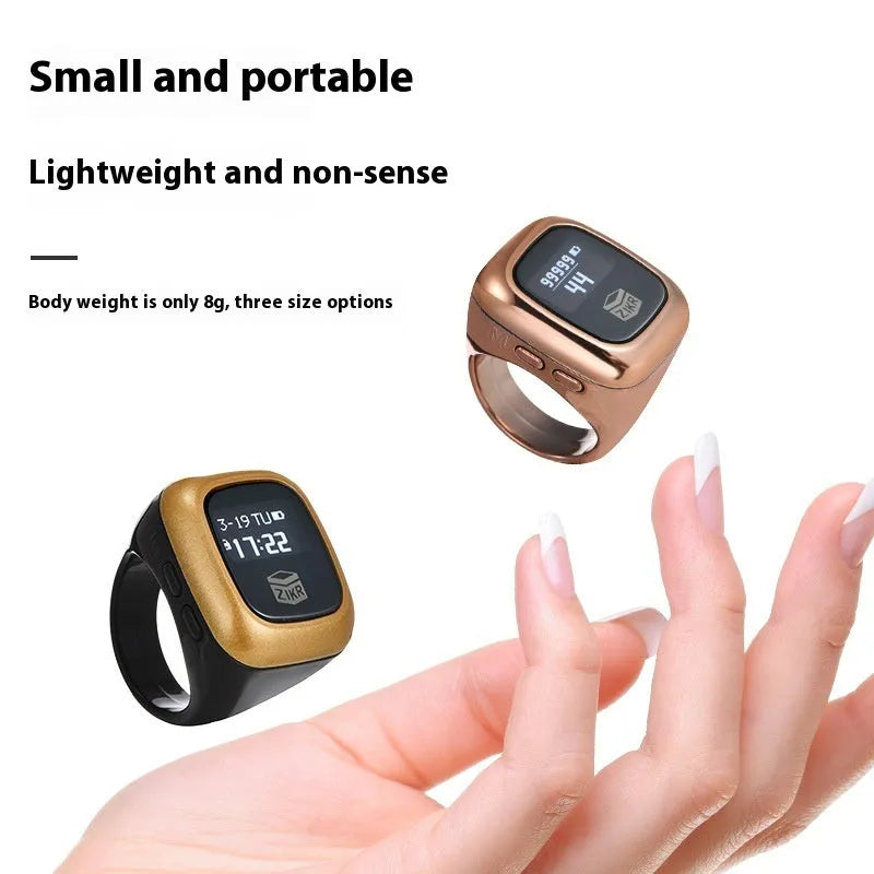 Al-Fatiha electronic zikr counter with digital display on a wrist, shown in various colours.