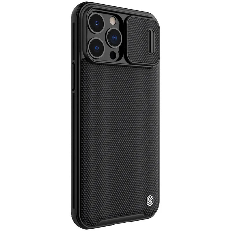 Black textured sliding back cover phone case for iPhone 13 Pro Max made from PC and TPU.