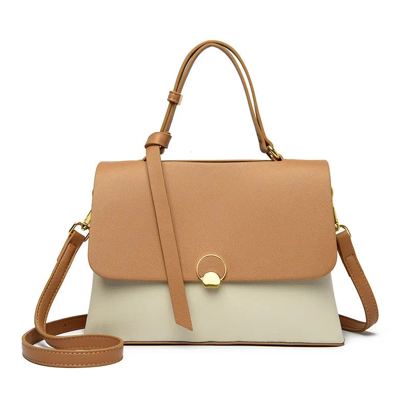 Soft PU cross-body handbag in beige, square vertical shape with sewing line detail, on white background