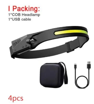 Black silicone USB rechargeable LED headlamp with side wave sensor, showing wide beam and long-range lighting.
