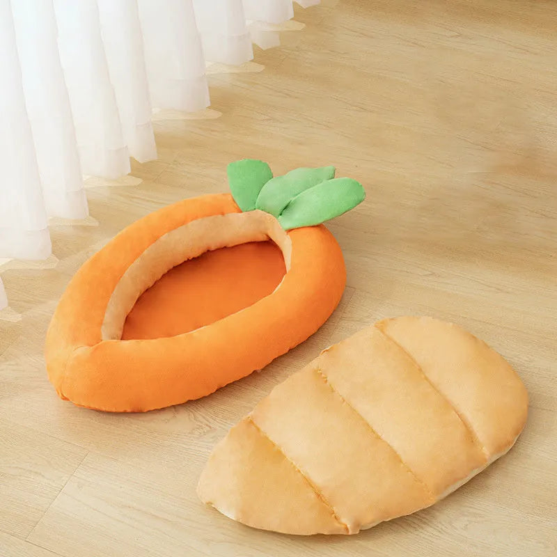 Carrot-shaped nesting dog bed with raised sides and a soft, washable blanket for small and medium pets