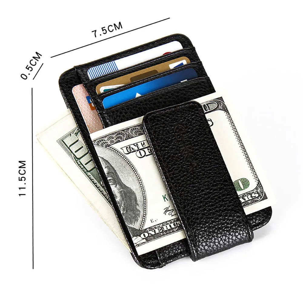 Men's PU leather wallet with magnetic snap closure in black, short square vertical shape with sewing line details