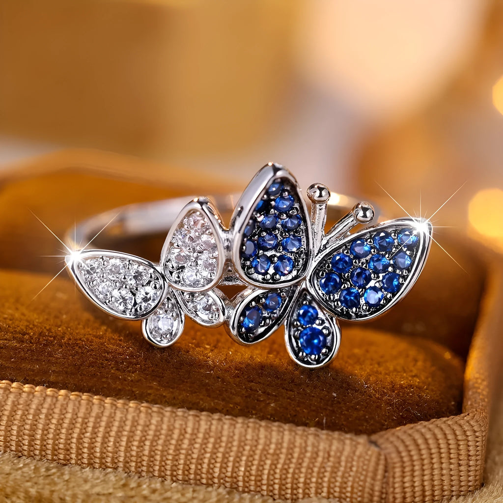 Blue and white butterfly ring for women in electroplated copper with wing design