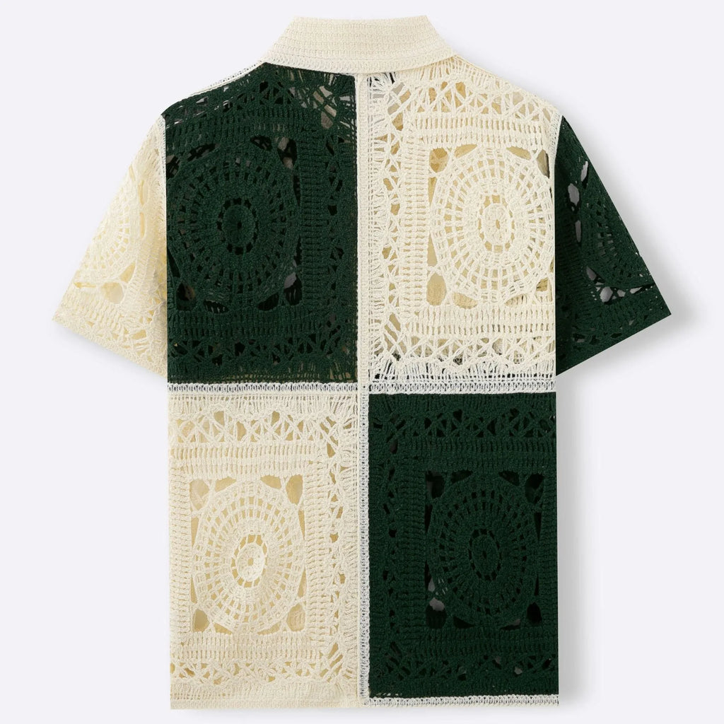 Beige colourblock men's short sleeve knitted shirt with flocking detail on a hanger.