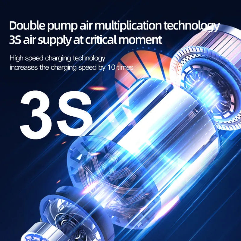 Black portable wireless air pump with digital display, battery, and nozzle accessories on a grey background.